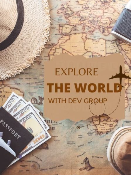 Map with various travel-related items like a hat, passport, and cash, signifying a world travel theme